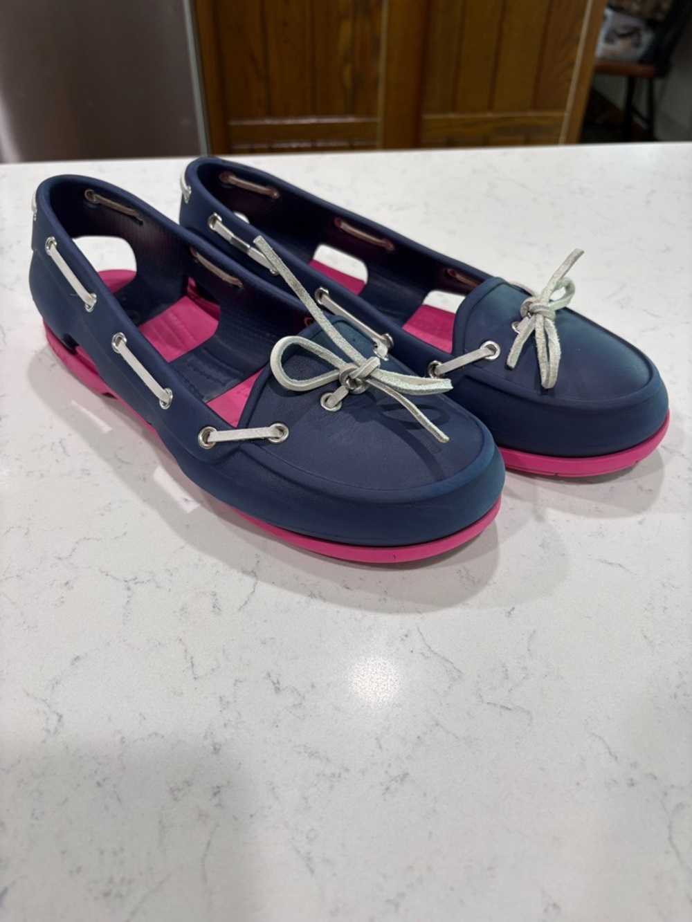 CROCS Navy Blue and Pink Boat Shoes Flats